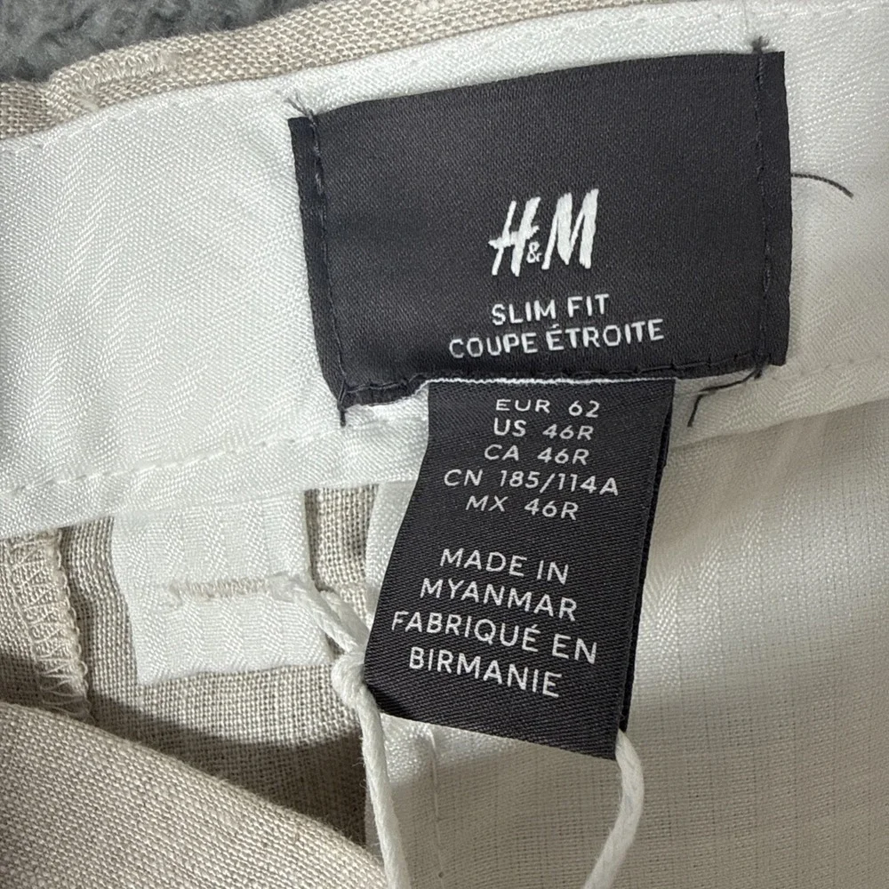 H&M Linen Pants Mens 46x30 Slim Fit Cropped Tan Summer Trousers Beach Resort